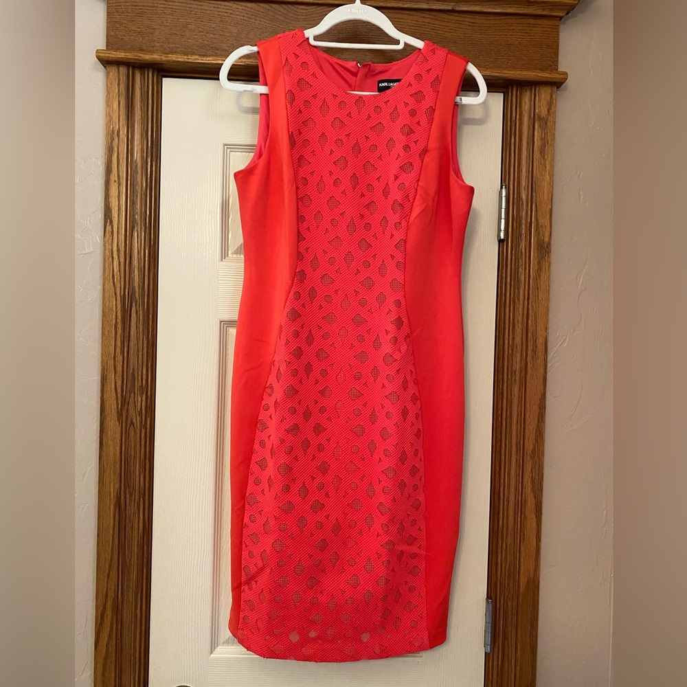 Karl Lagerfeld Womens Coral Sleeveless Dress Sz 8 ? Open Weave Detailing